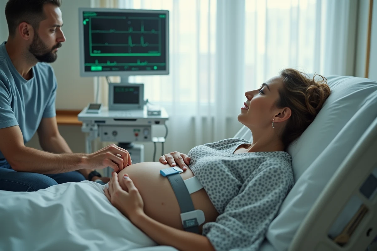 Femme enceinte sous monitoring fœtal avec son partenaire lors du déclenchement du travail à la maternité