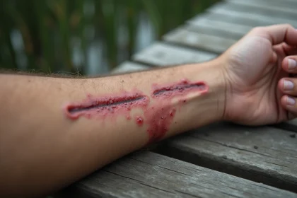 Gros plan d'une morsure de brochet sur un avant-bras humain posé sur un ponton en bois au bord d'un lac, montrant les marques de dents caractéristiques et une légère inflammation