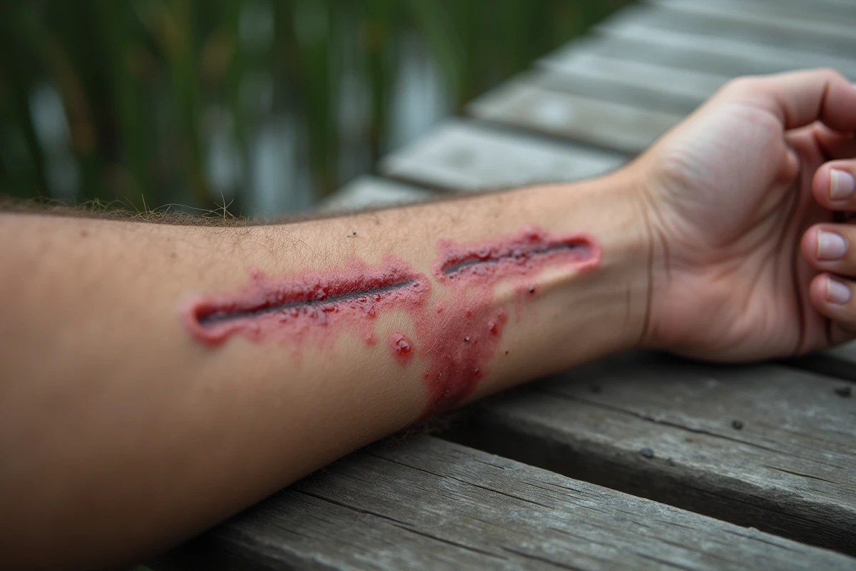 Gros plan d'une morsure de brochet sur un avant-bras humain posé sur un ponton en bois au bord d'un lac, montrant les marques de dents caractéristiques et une légère inflammation
