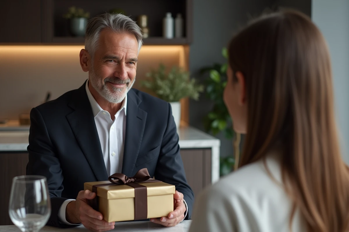 Homme narcissique offrant un cadeau emballé à une femme lors d'un dîner en appartement moderne, expression de satisfaction sur le visage
