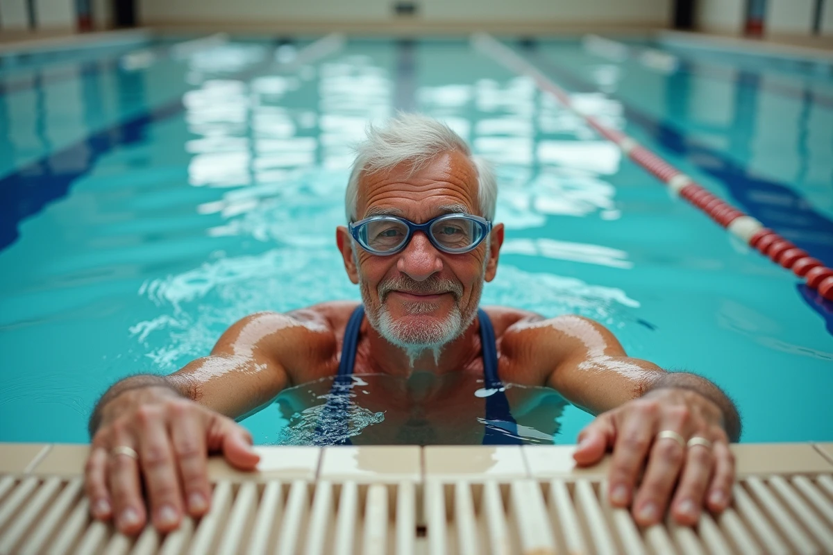 Homme senior de 70 ans faisant de la natation dans une piscine municipale couverte