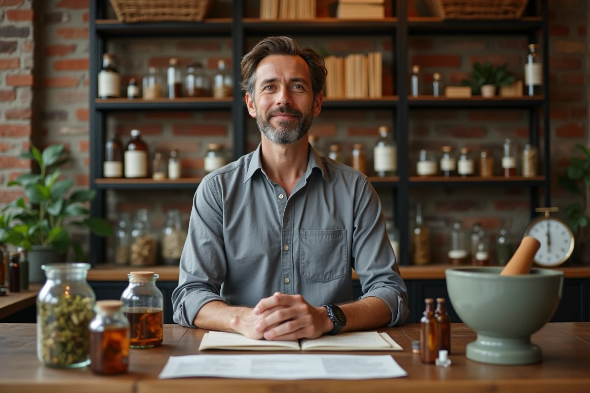 Naturopathe dans son cabinet intégratif entouré de plantes médicinales et de remèdes naturels