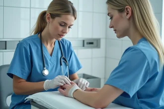Infirmière en gants stériles nettoyant une plaie chirurgicale avec fibrine sur un patient en milieu hospitalier