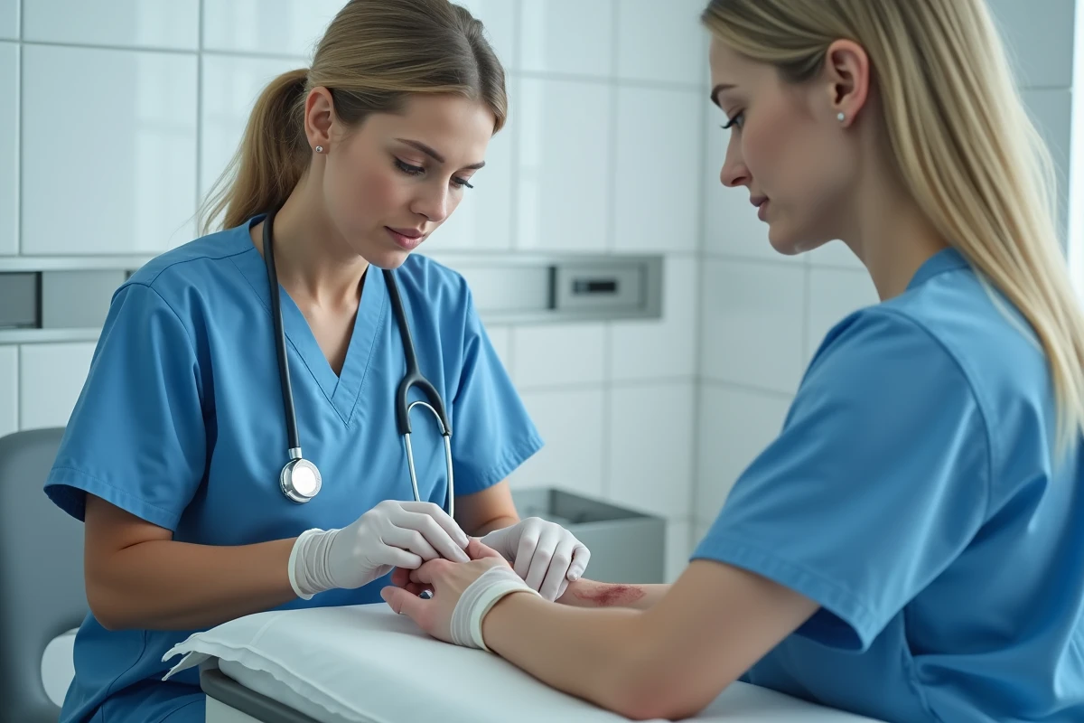 Infirmière en gants stériles nettoyant une plaie chirurgicale avec fibrine sur un patient en milieu hospitalier