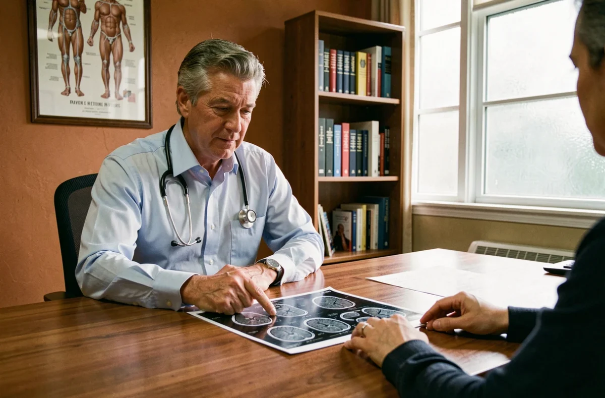 Neurologue expliquant un compte rendu IRM avec hypersignal à un patient lors d'une consultation médicale