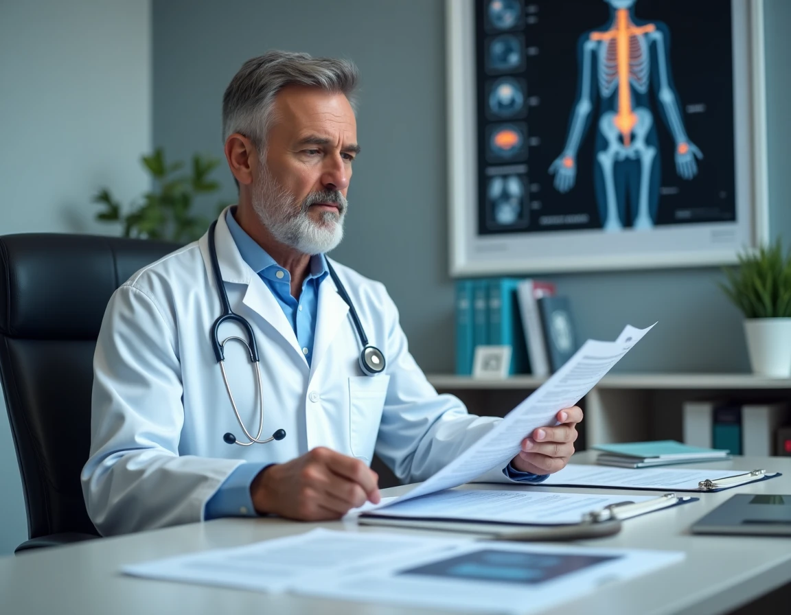 Neurologue examinant des documents médicaux liés à une maladie auto-immune du système nerveux périphérique