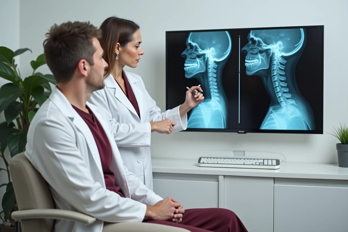 Neurologue expliquant une radiographie des cervicales à son patient