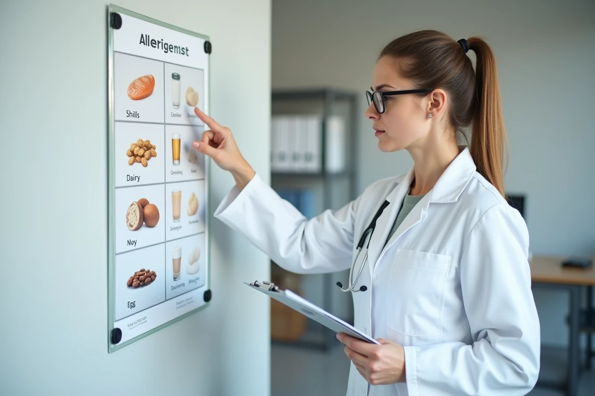 Nutritionniste en blouse blanche montrant un poster informatif sur les allergènes courants dans un cabinet médical