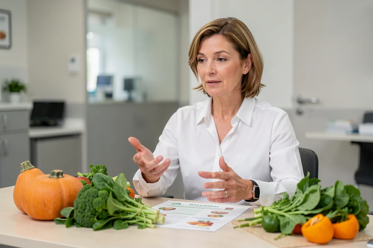 Nutritionniste expliquant les aliments à éviter pendant la grossesse avec un potimarron et des légumes sur son bureau