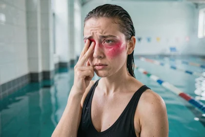 Femme avec un œil gonflé et irrité après la piscine, se touchant le visage au bord du bassin intérieur