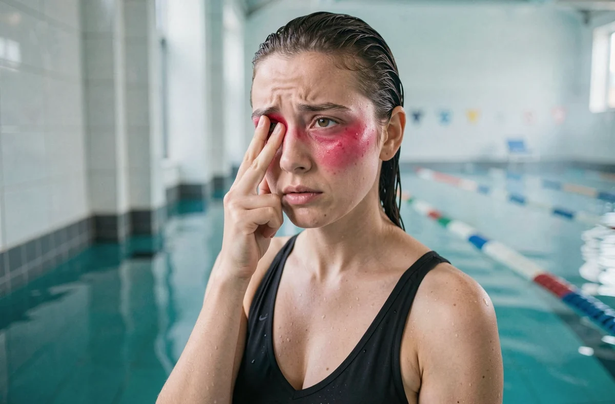 Femme avec un œil gonflé et irrité après la piscine, se touchant le visage au bord du bassin intérieur