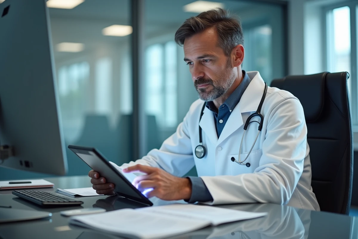 Médecin consultant un outil numérique d'aide à la décision médicale sur une tablette dans son cabinet