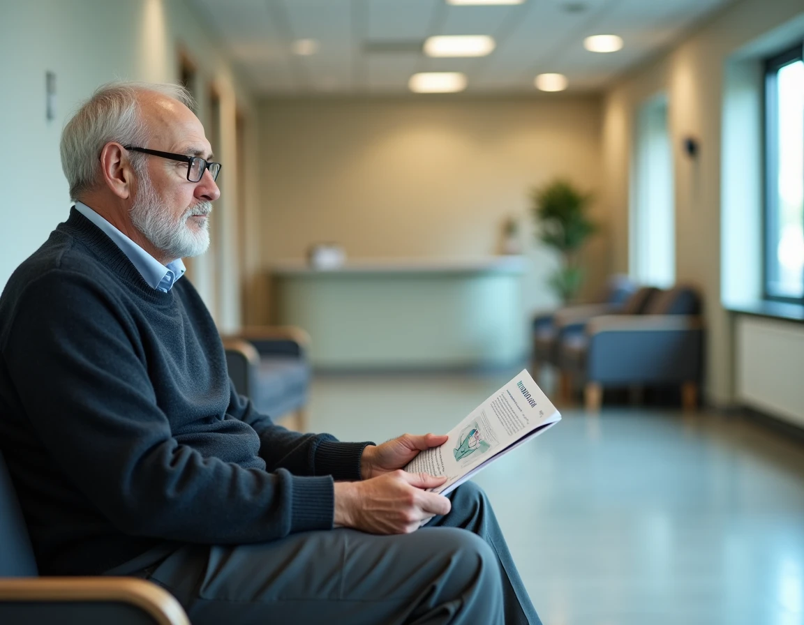 Patient atteint de maladie auto-immune assis dans une salle d'attente hospitalière tenant une brochure médicale