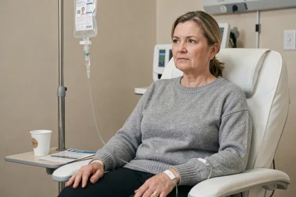 Femme d'âge mûr recevant une perfusion de fer intraveineuse dans une salle de soins hospitalière, regardant le sac de perfusion avec une expression préoccupée