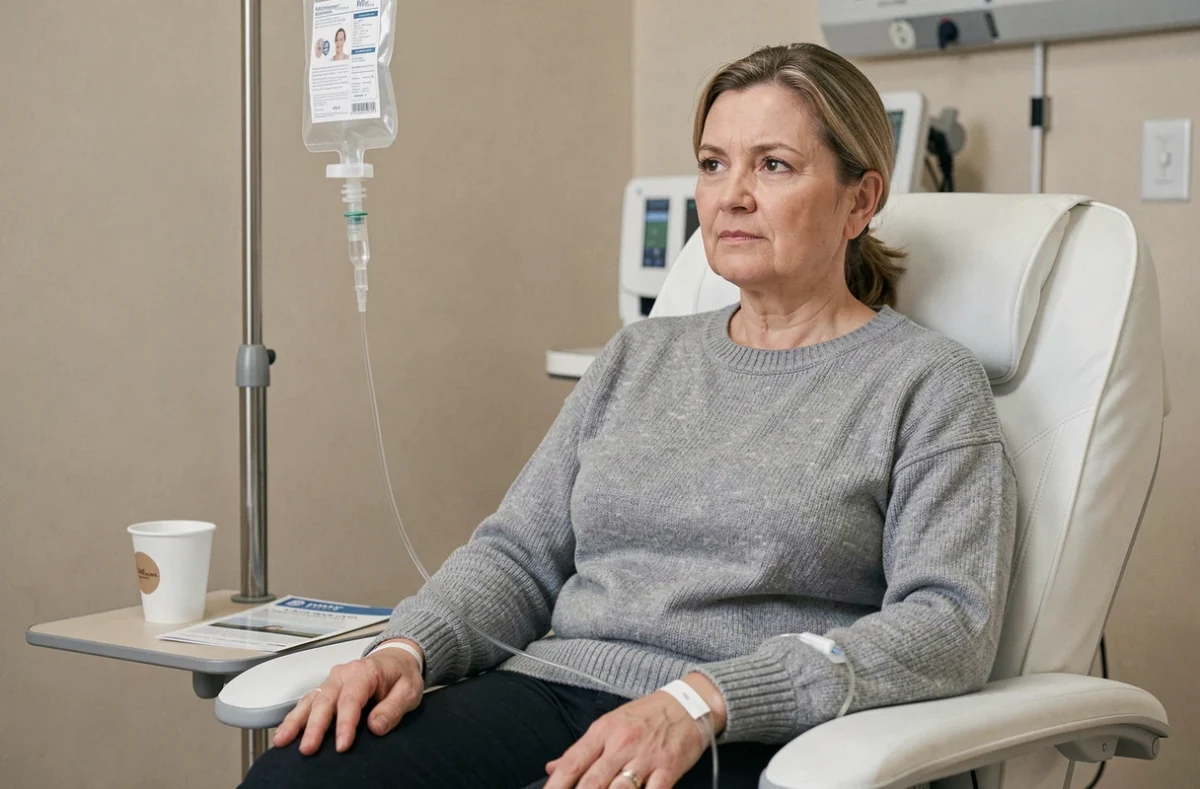 Femme d'âge mûr recevant une perfusion de fer intraveineuse dans une salle de soins hospitalière, regardant le sac de perfusion avec une expression préoccupée