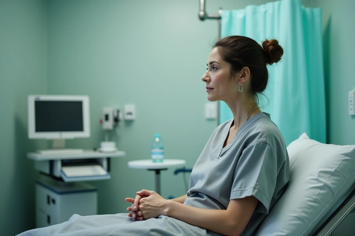 Patiente en salle préopératoire avant un traitement chirurgical pour lésion malpighienne intra-épithéliale de haut grade