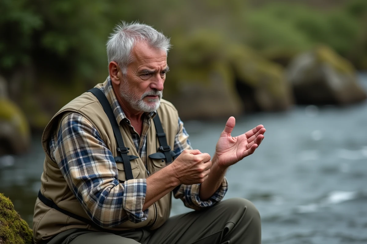 Pêcheur examinant sa main mordue par un brochet en bord de rivière, montrant les traces de morsure sur la paume et les doigts avec une expression préoccupée