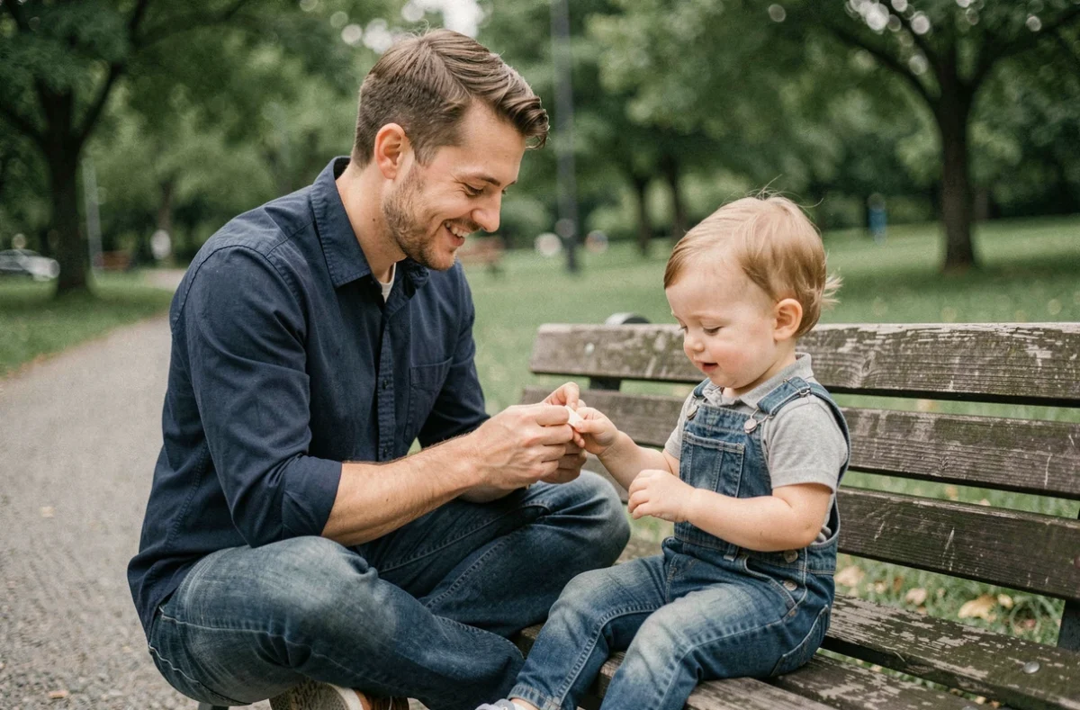 Père posant un pansement sur le doigt de son tout-petit dans un parc, moment authentique de premiers secours parentaux en extérieur