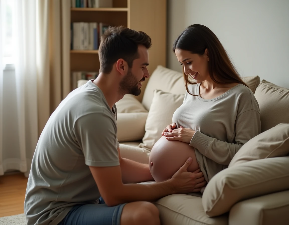 Père agenouillé parlant tendrement au ventre de sa femme enceinte dans un salon chaleureux
