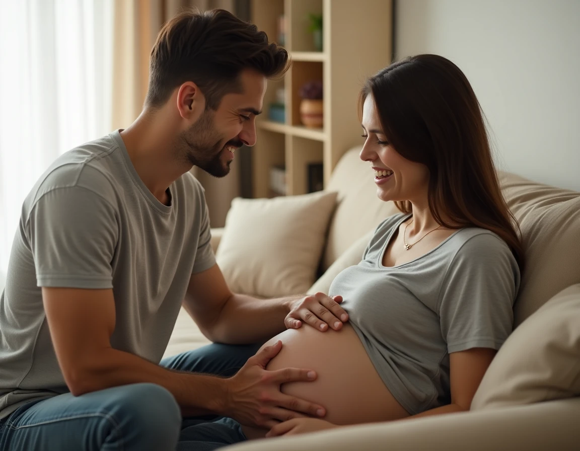 Père agenouillé parlant tendrement au ventre de sa femme enceinte dans un salon chaleureux