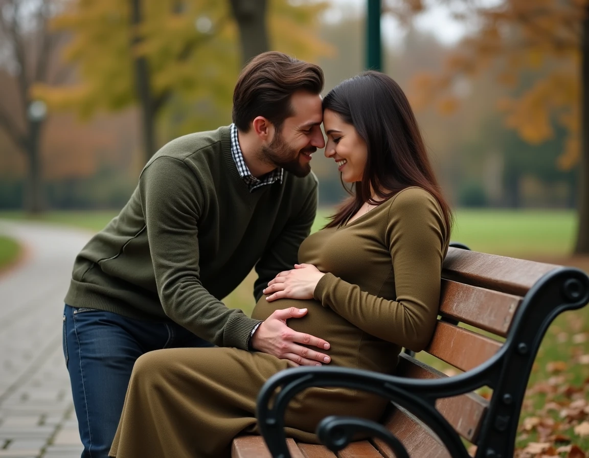 Père s'adressant au bébé dans le ventre de sa femme enceinte lors d'une promenade dans un parc en automne