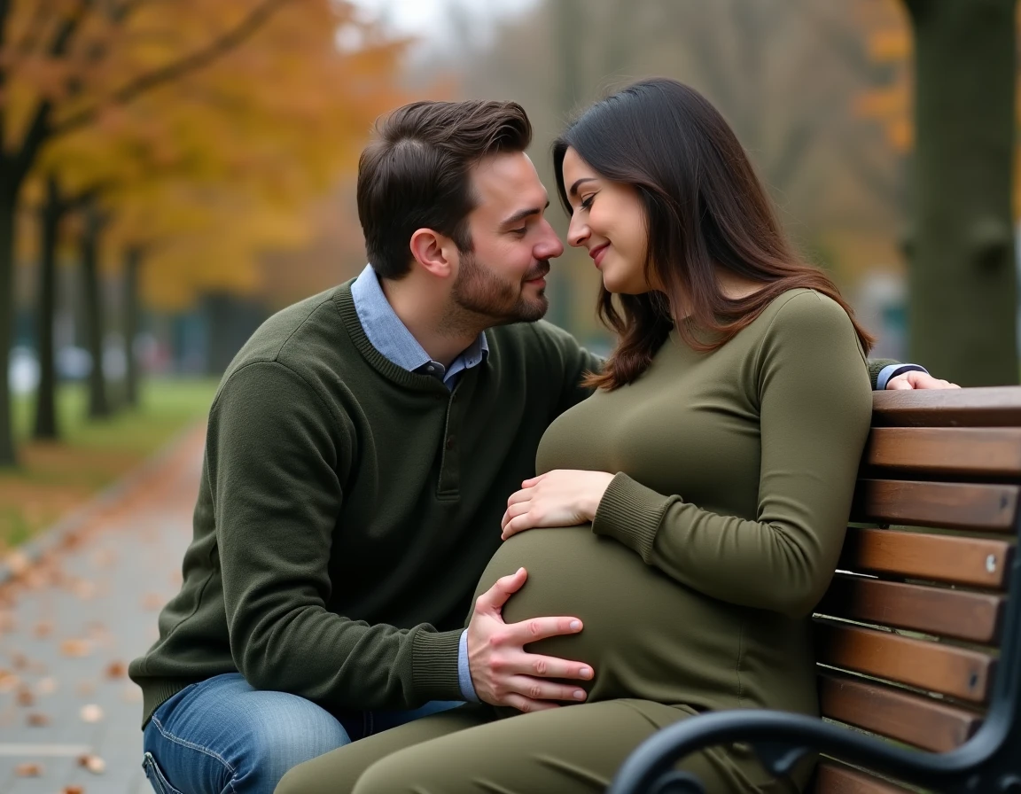 Père s'adressant au bébé dans le ventre de sa femme enceinte lors d'une promenade dans un parc en automne