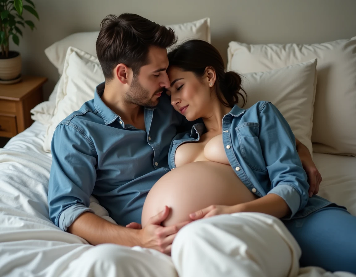 Futur père allongé contre le ventre de sa compagne enceinte, communiquant avec le bébé à naître