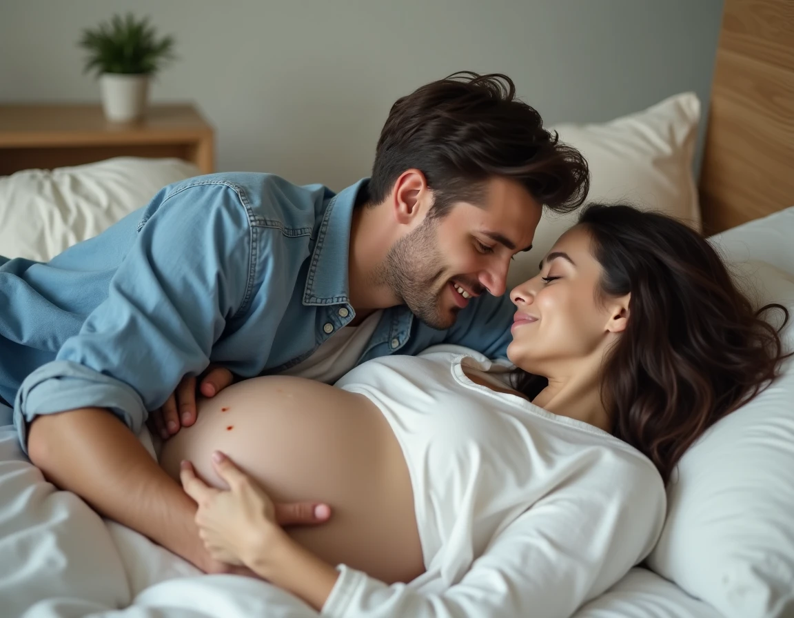 Futur père allongé contre le ventre de sa compagne enceinte, communiquant avec le bébé à naître