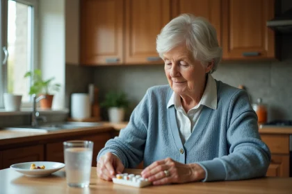 Personne âgée lisant l'étiquette d'un médicament comme l'ibuprofène ou le tramadol avec un pilulier hebdomadaire sur une table de cuisine