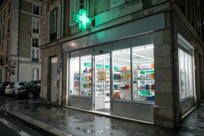 Pharmacie de garde ouverte la nuit avec croix verte lumineuse et panneau d'information dans l'Oise