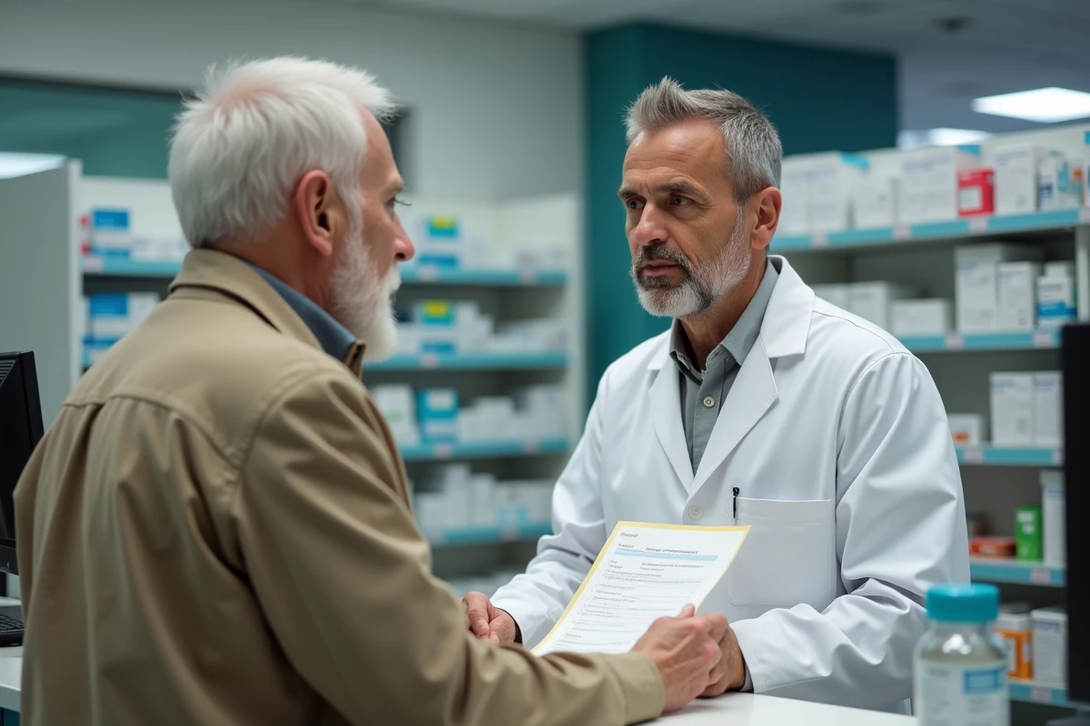 Pharmacien expliquant les intervalles de prise entre ibuprofène et tramadol à un patient âgé en pharmacie