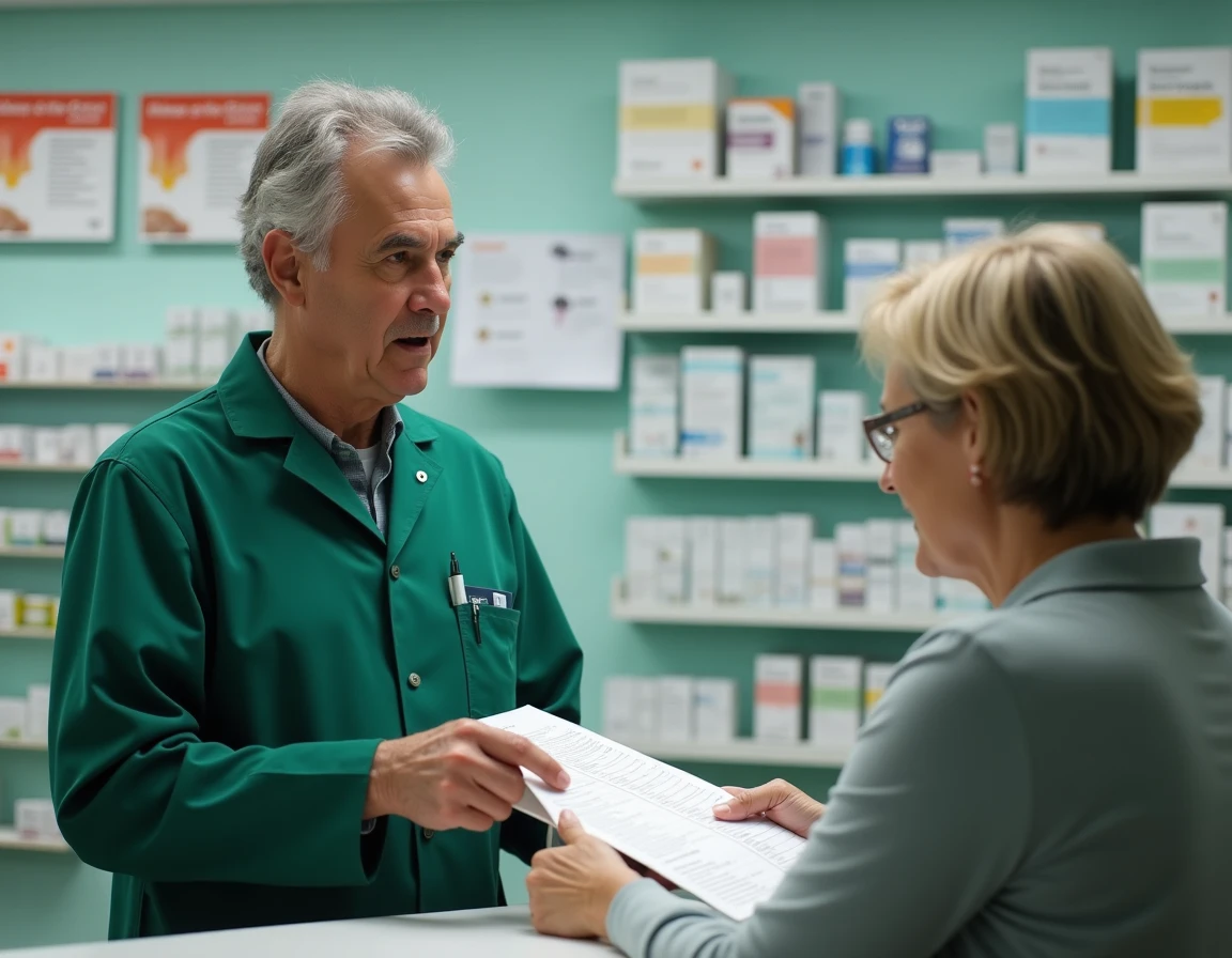 Pharmacien expliquant un calendrier vaccinal à une patiente adulte dans une pharmacie, sensibilisation à la vaccination contre les maladies disparues