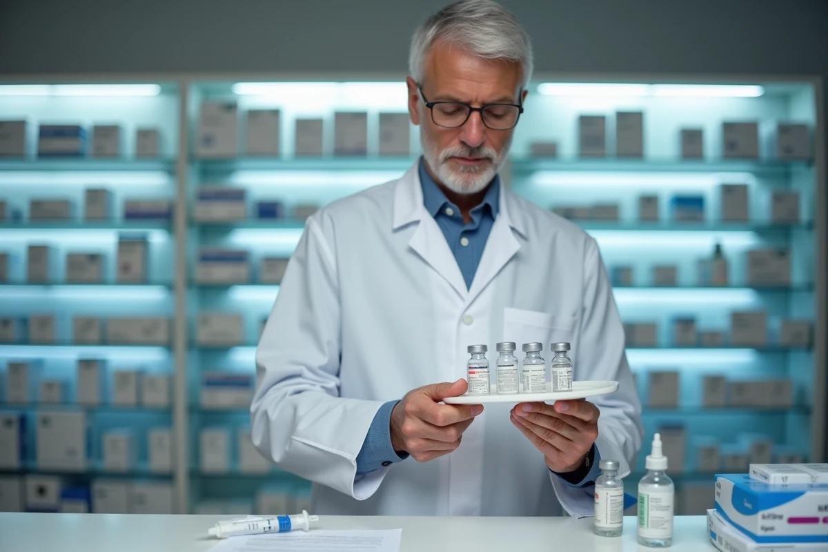 Pharmacien tenant des vaccins obligatoires et consultant un calendrier vaccinal en pharmacie