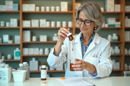 Pharmacienne mesurant des gouttes de médicament Célestène dans un gobelet doseur en pharmacie