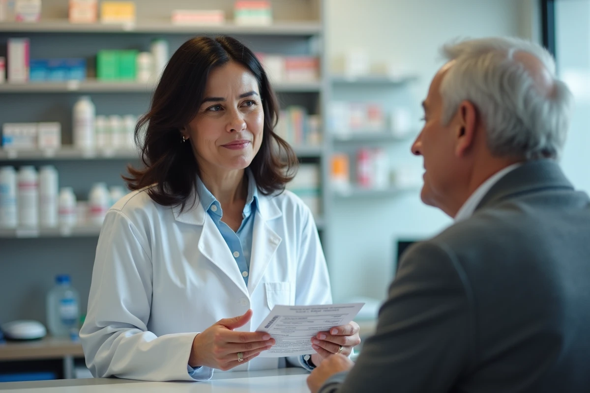 Une pharmacienne conseille un patient senior sur le vaccin contre le zona en pharmacie
