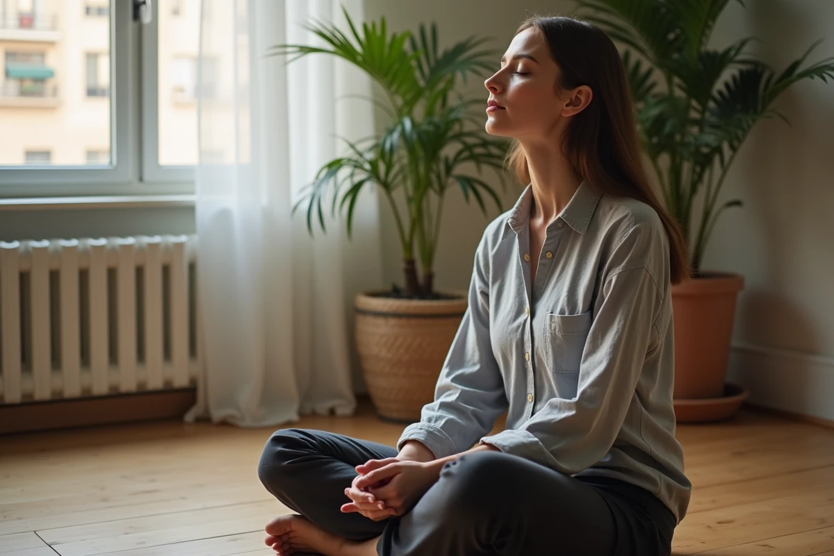 Femme pratiquant la pleine conscience pour soutenir sa santé mentale dans un espace de travail minimaliste