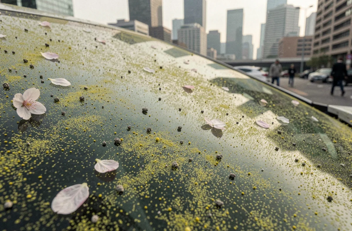 Gros plan d'un pare-brise de voiture recouvert de pollen et de particules de pollution urbaine, illustrant la combinaison des allergènes saisonniers et de la mauvaise qualité de l'air en ville