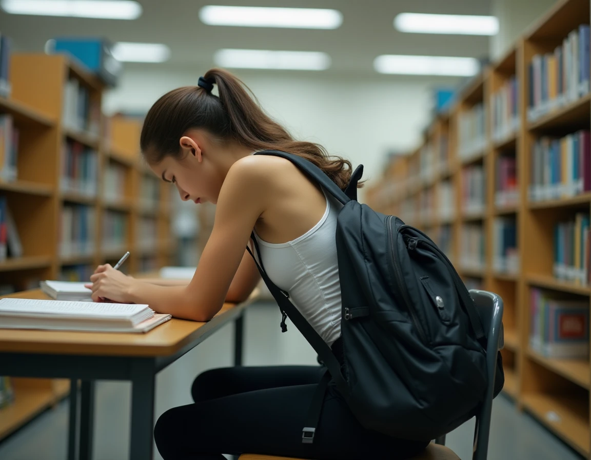Adolescente portant un sac à dos lourd de manière asymétrique avec une posture courbée, activité aggravant la scoliose