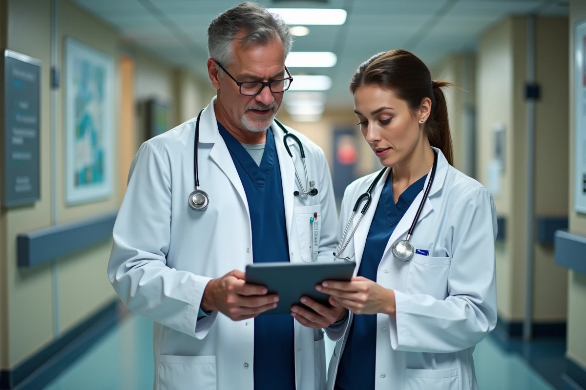 Médecin et ergothérapeute en discussion collaborative dans un couloir d'hôpital avec une tablette numérique