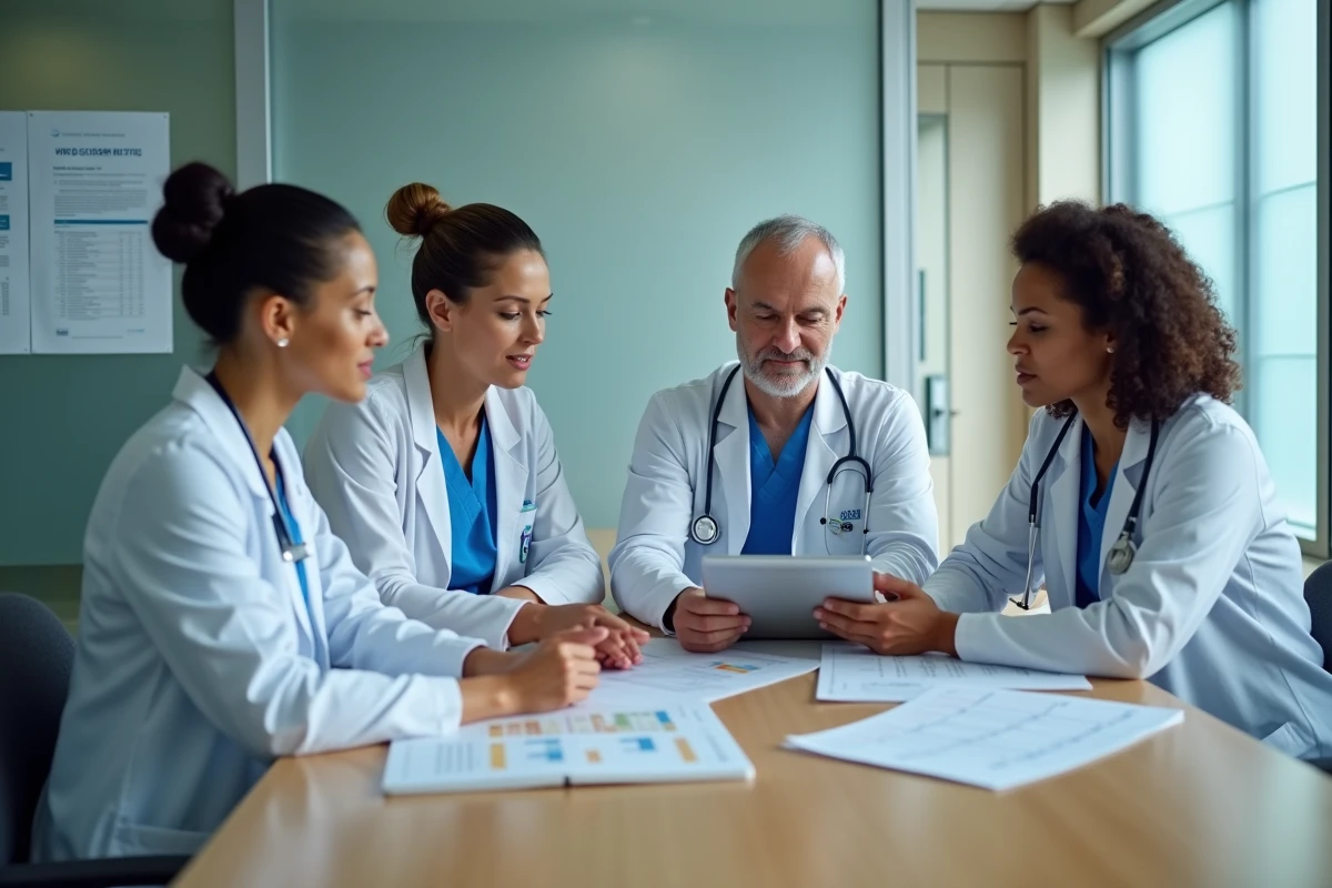 Équipe médicale multidisciplinaire en réunion collaborative autour d'une table dans un hôpital moderne