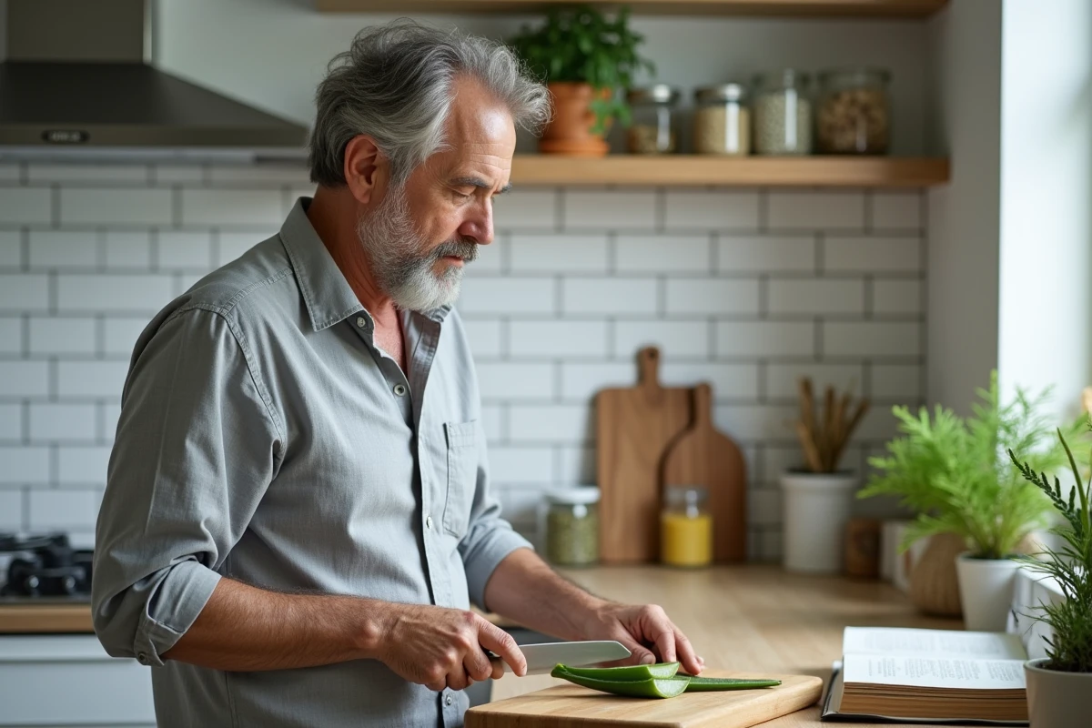 Homme préparant des remèdes naturels à base d'aloès et de plantes contre le reflux gastrique