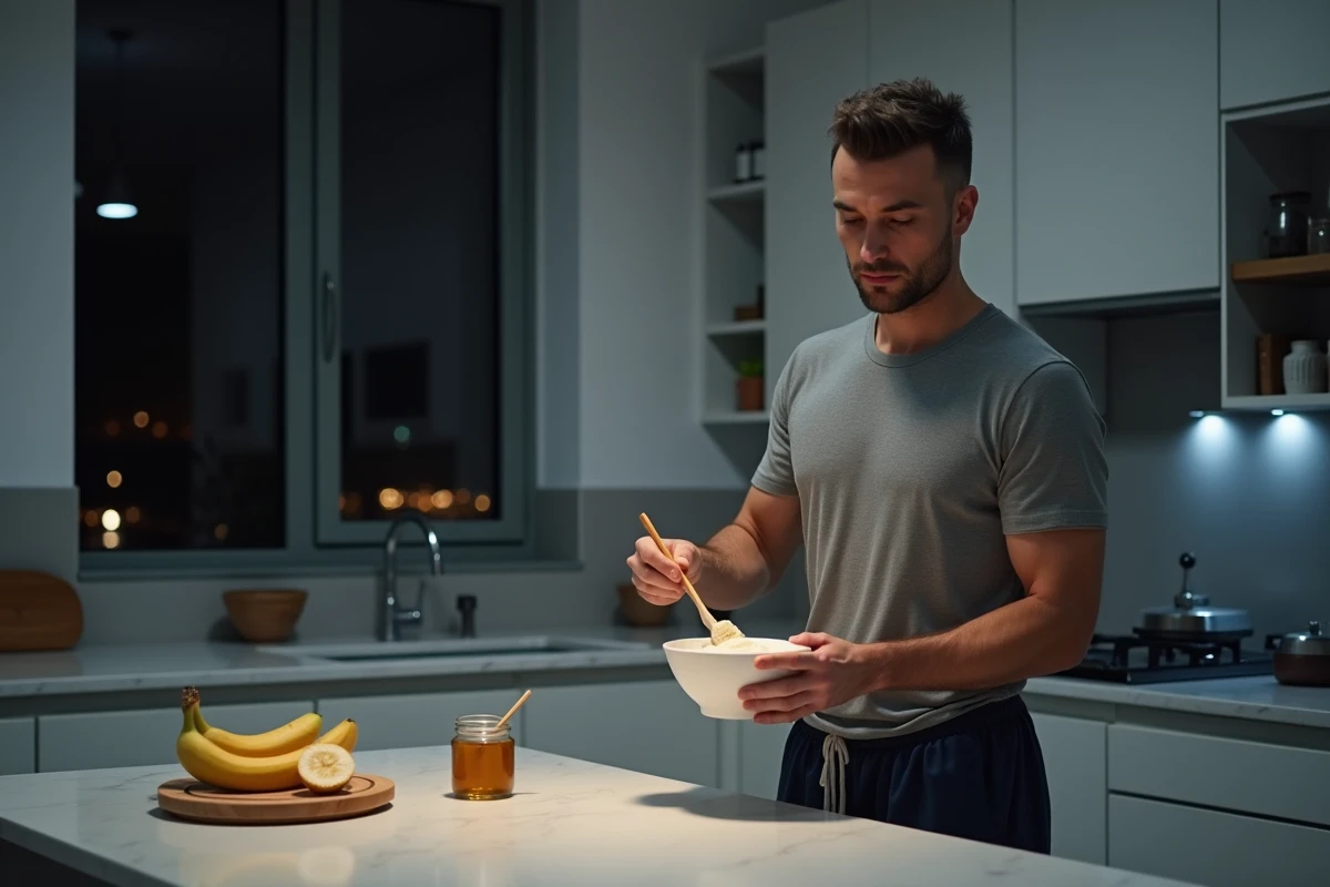 Homme préparant un bol de yaourt aux fruits dans la cuisine le soir pour favoriser la perte de graisses