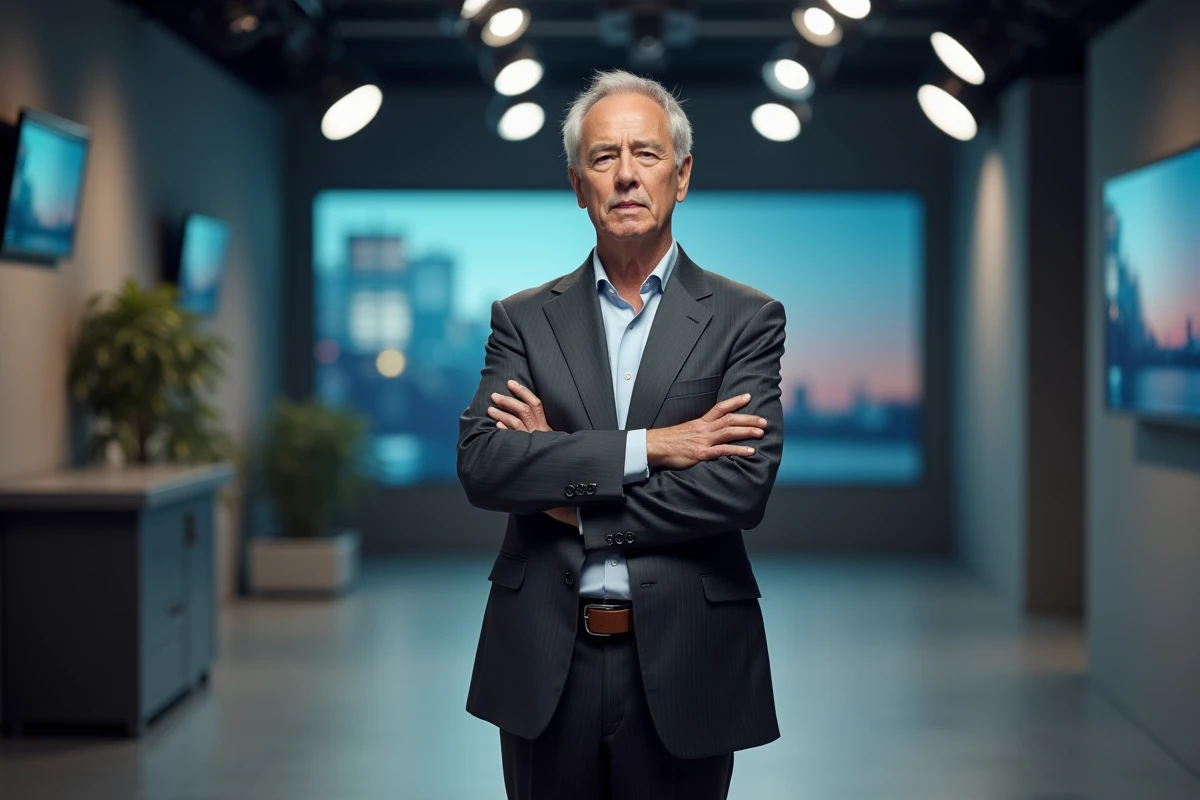 Présentateur de télévision en costume gris dans un couloir de studio de production, posture défensive et expression pensive reflétant une controverse médiatique