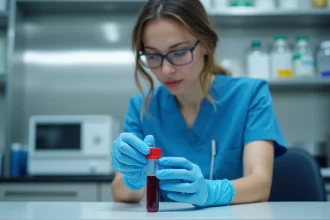 Professionnelle de santé en blouse bleue étiquetant un flacon de sang dans un laboratoire médical moderne