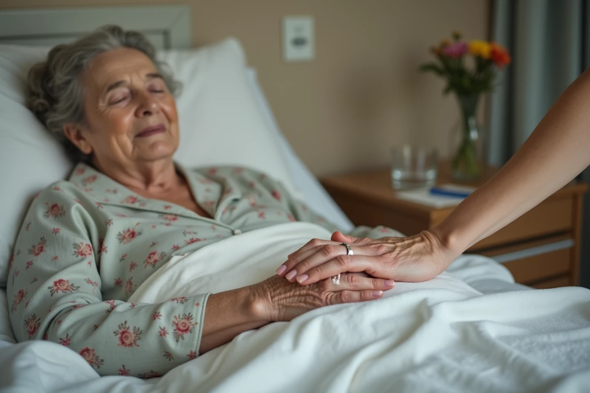 Personne âgée en soins palliatifs tenant la main d'un proche dans une chambre d'hôpital apaisante