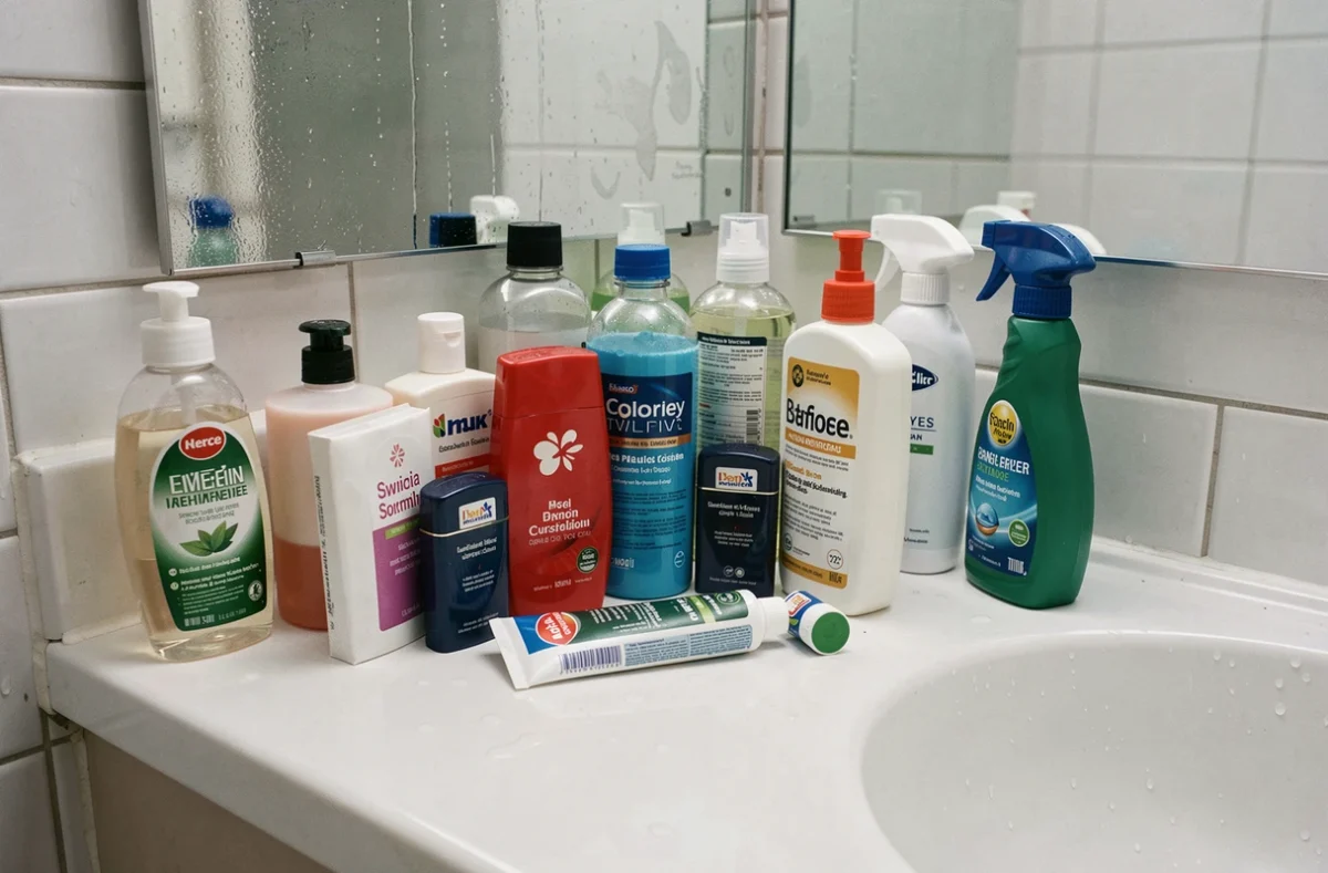 Plan large d'une salle de bain avec de nombreux produits du quotidien contenant potentiellement des perturbateurs endocriniens