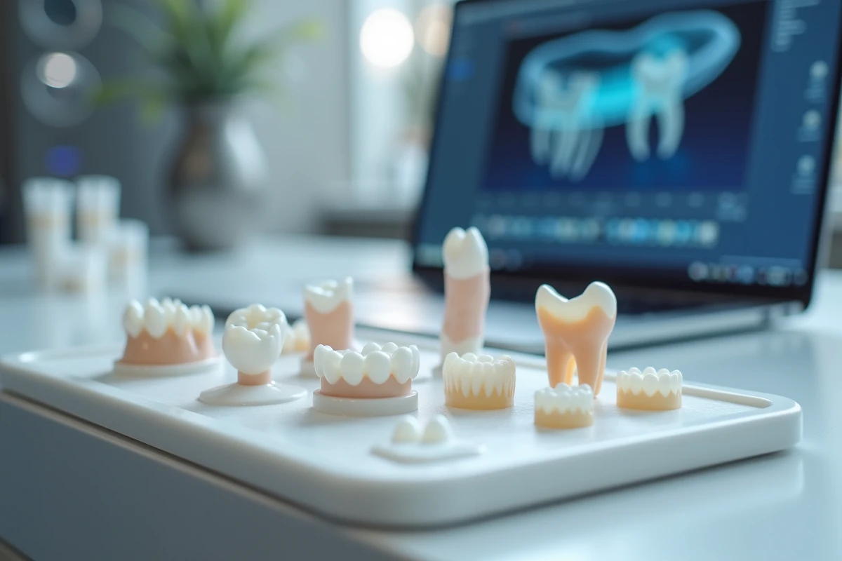 Prothèses dentaires imprimées en 3D en résine posées sur un plateau avec logiciel de conception dentaire CAO en arrière-plan