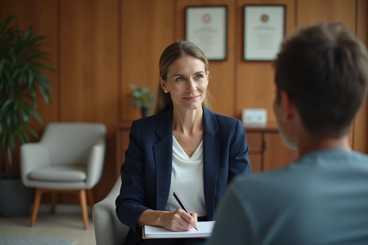 Psychiatre en consultation avec un patient dans un cabinet thérapeutique, illustrant la prise en charge médicale des maladies mentales complexes