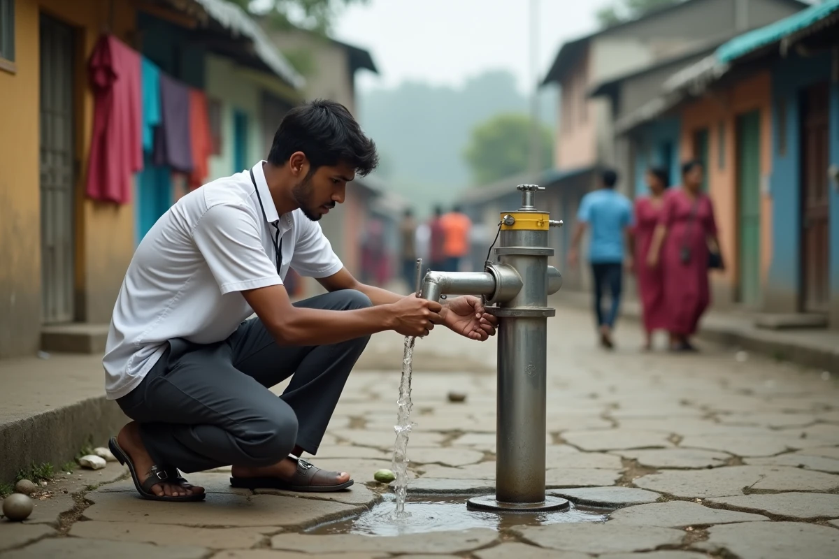 Technicien installant un système de purification de l'eau sur une pompe communautaire pour lutter contre les maladies transmises par l'eau