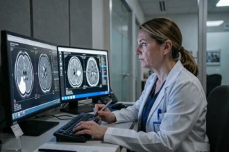 Radiologue femme analysant des images IRM cérébrales avec hypersignal sur double écran en salle de lecture médicale